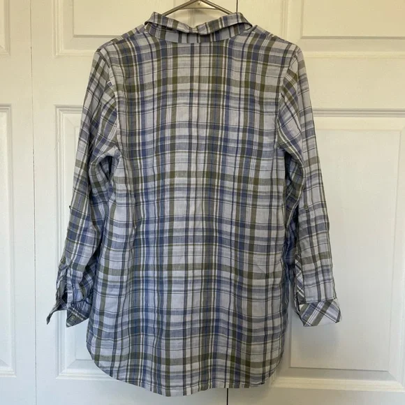 J. Jill Love Linen Blue and Green Plaid Linen Shirt with Pockets | Petite Small - Picture 2 of 12